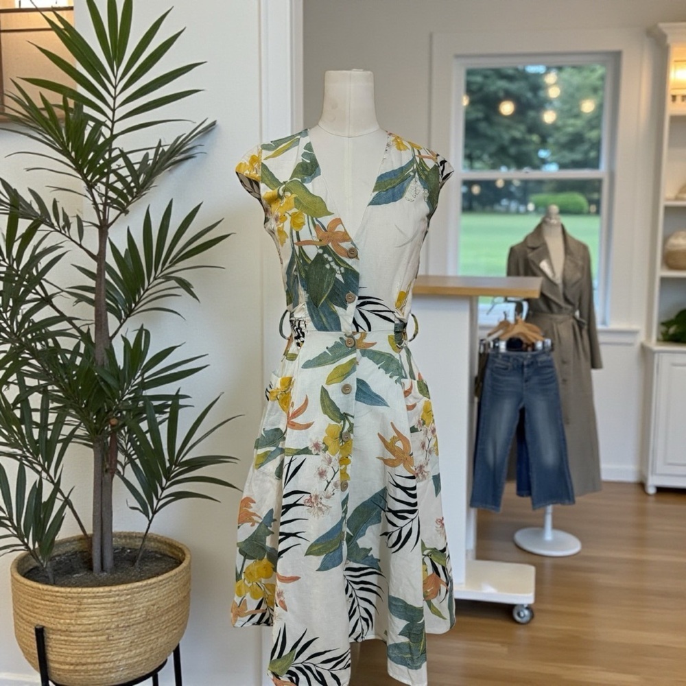 Zara Basic 100% Linen Tropical Floral Button Dress XS